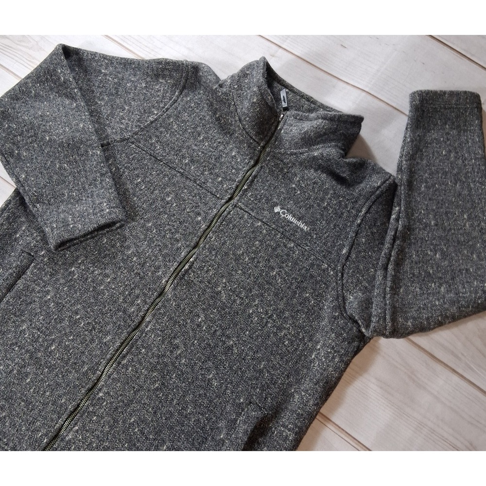 Columbia Sweater Fleece Full Zip Jacket Mens XL Gray Herringbone Knit Warm Coat